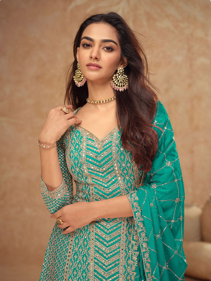 Embroidered Chinon Kurta With Plazzo &amp; Dupatta