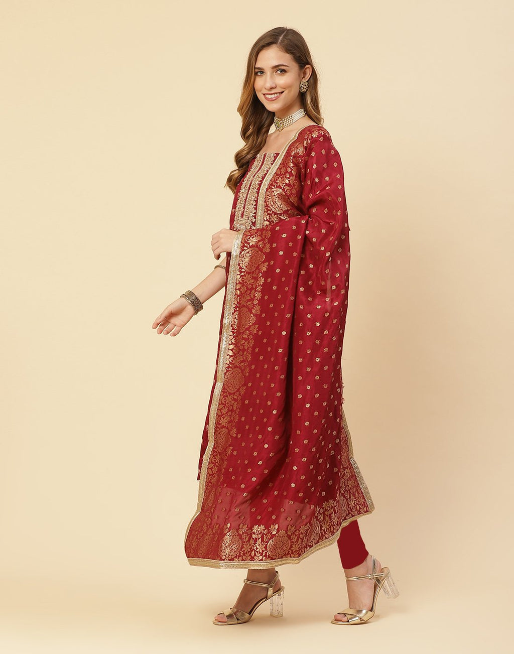 Embroidered Art Handloom Dupion Suit Piece With Banarasi Dupatta