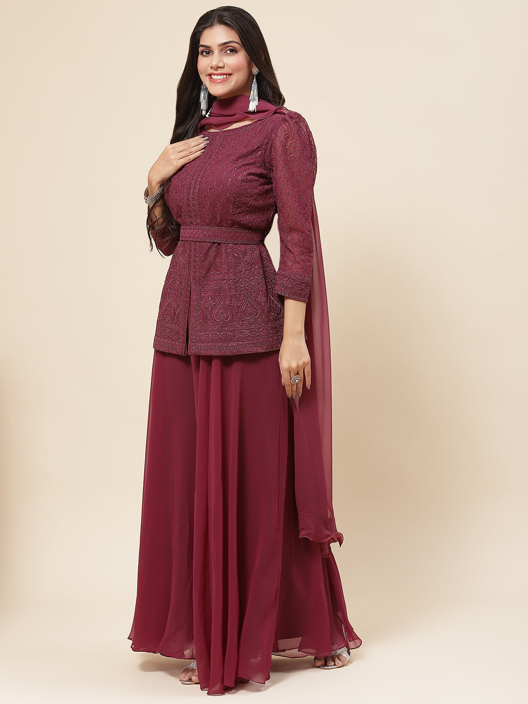 Resham Embroidered Georgette Kurti With Palazzo &amp; Dupatta