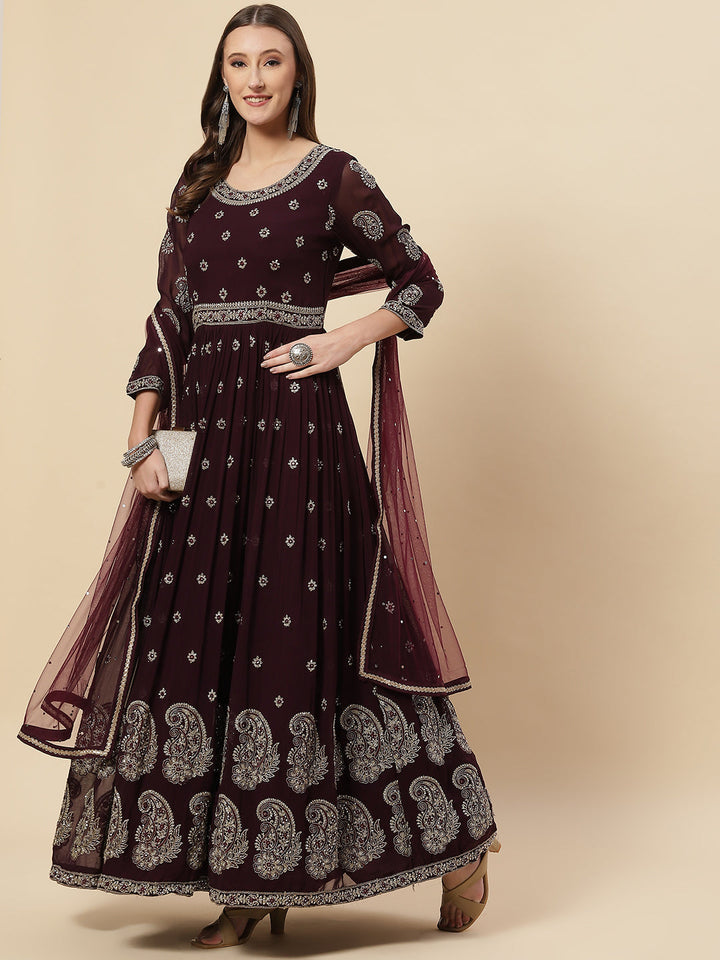 Resham Zari Embroidered Georgette Anarkali Kurta With Churidar &amp; Dupatta