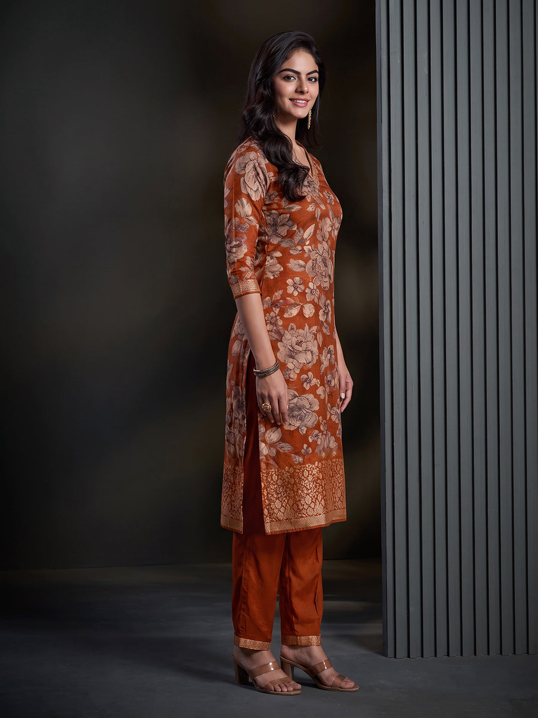 Rust Printed Art Silk Kurta With Pant & Dupatta