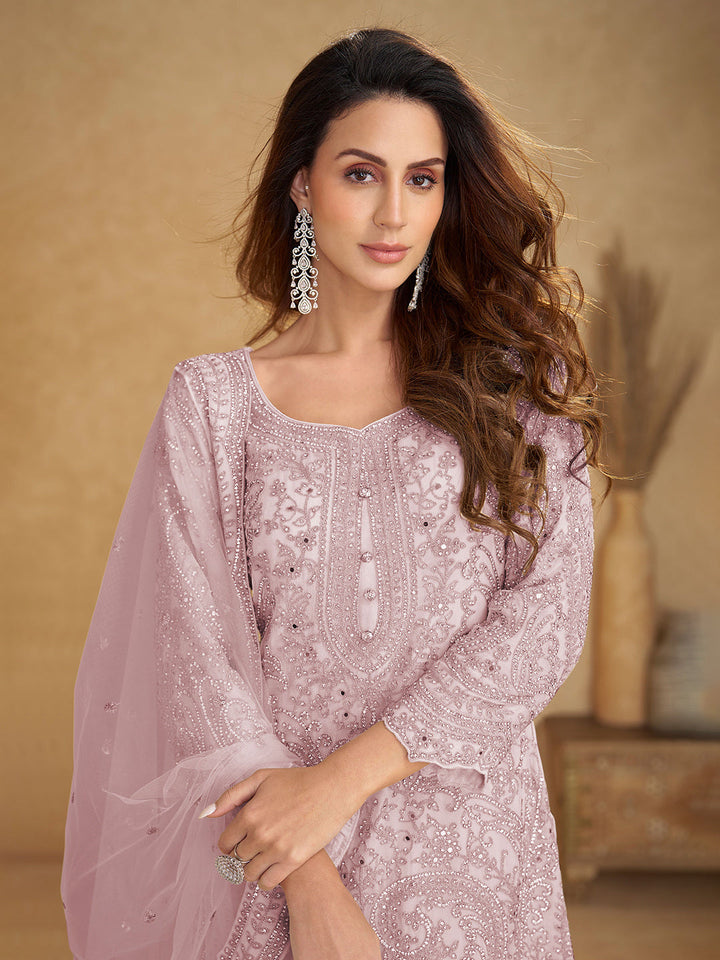 Embroidered Net Kurta With Plazzo &amp; Dupatta