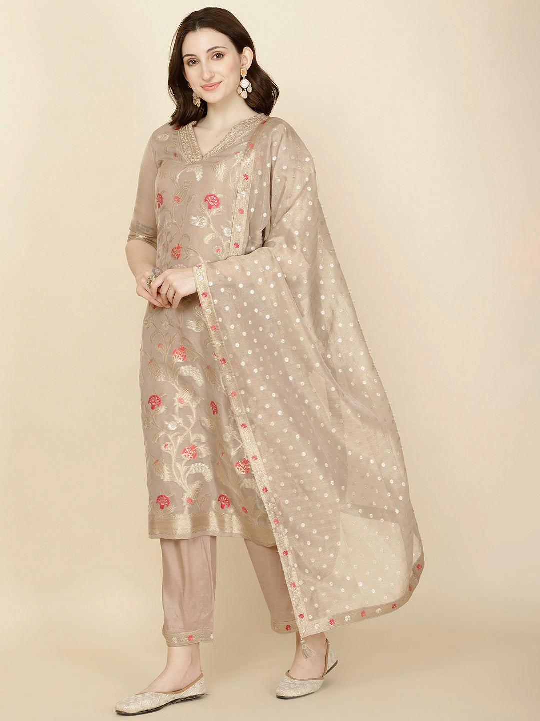 Floral Woven Tissue Kurta With Pants &amp; Dupatta