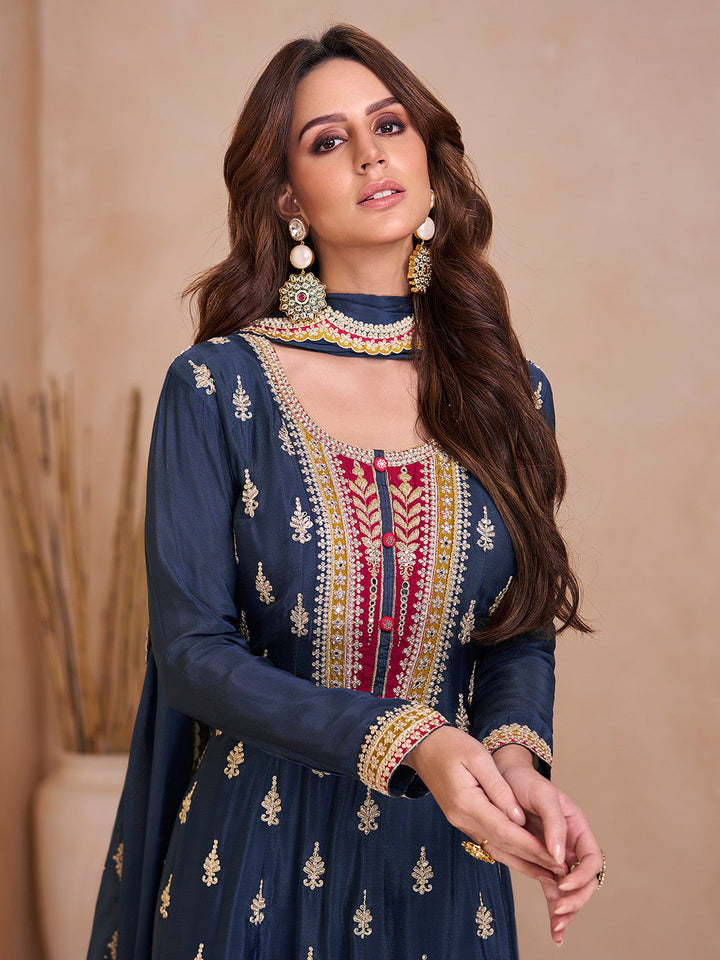Embroidered Chinnon Kurta With Plazzo &amp; Dupatta