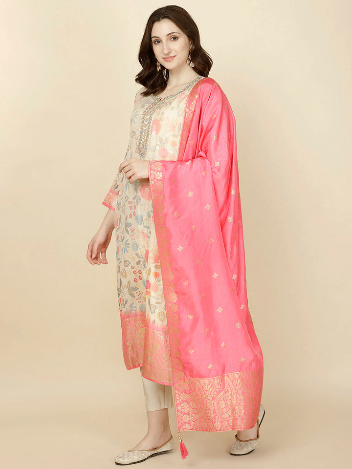 Floral Printed &amp; Woven Organza Kurta With Pants &amp; Dupatta
