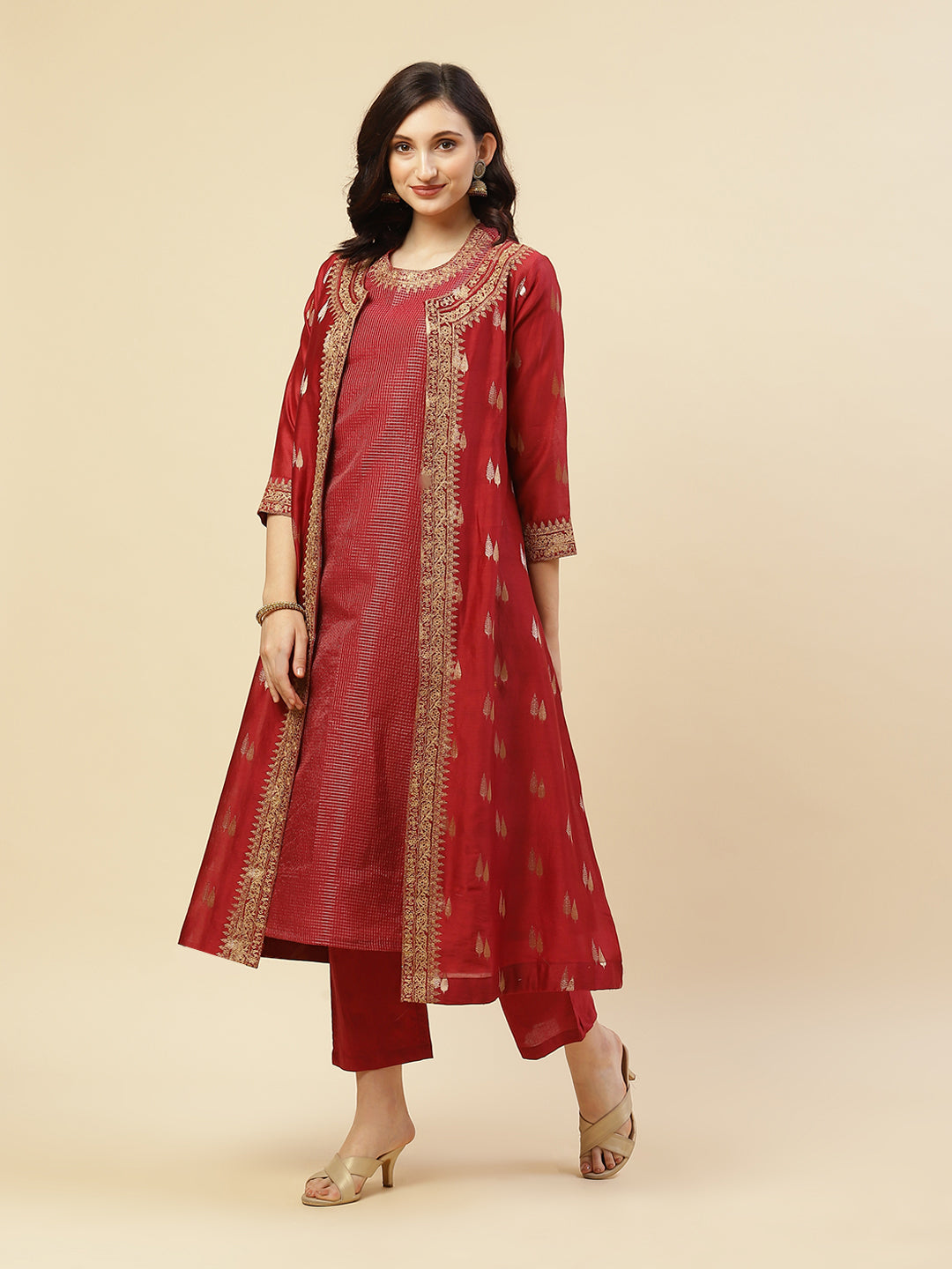 Embroidered Chanderi Kurti With Jacket And Pant