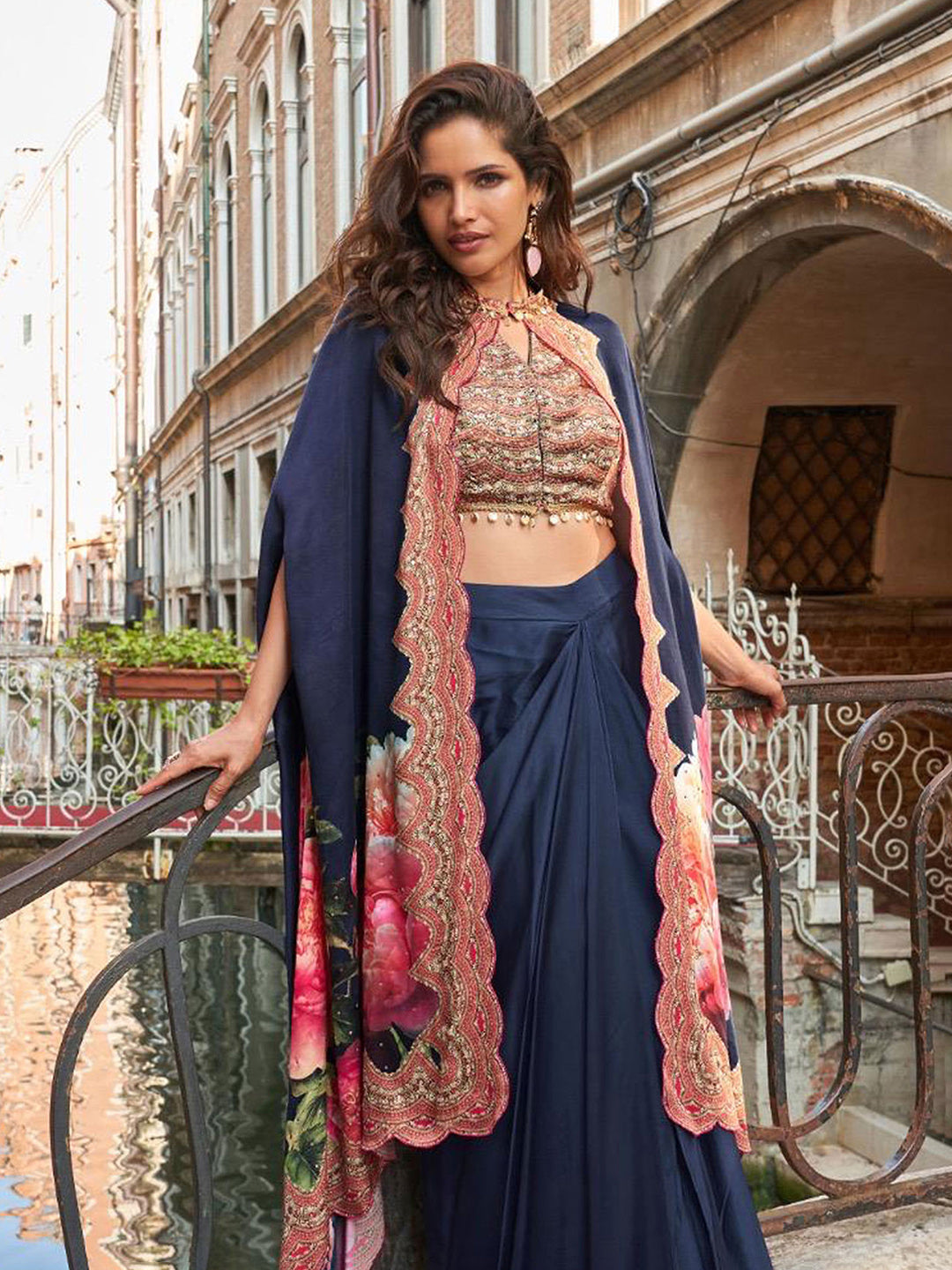 Embroidered Crepe Choli With Skirt &amp; Jacket