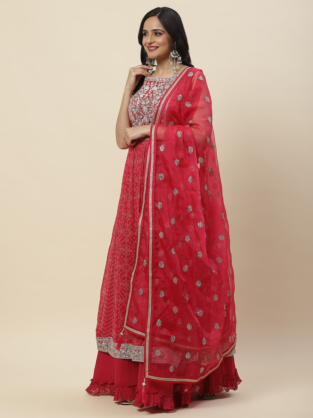 Bandhani Printed Georgette Long Kurta With Skirt & Dupatta