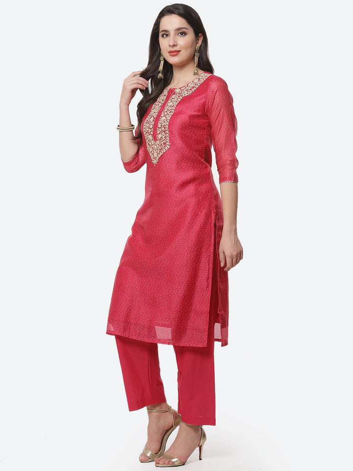 Neck Embroidered Chanderi Kurti With Pant