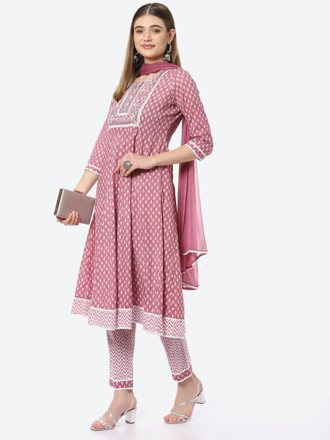 Resham Neck Booti  Printed Cotton A-line Kurta With Pant &amp; Chiffon Dupatta