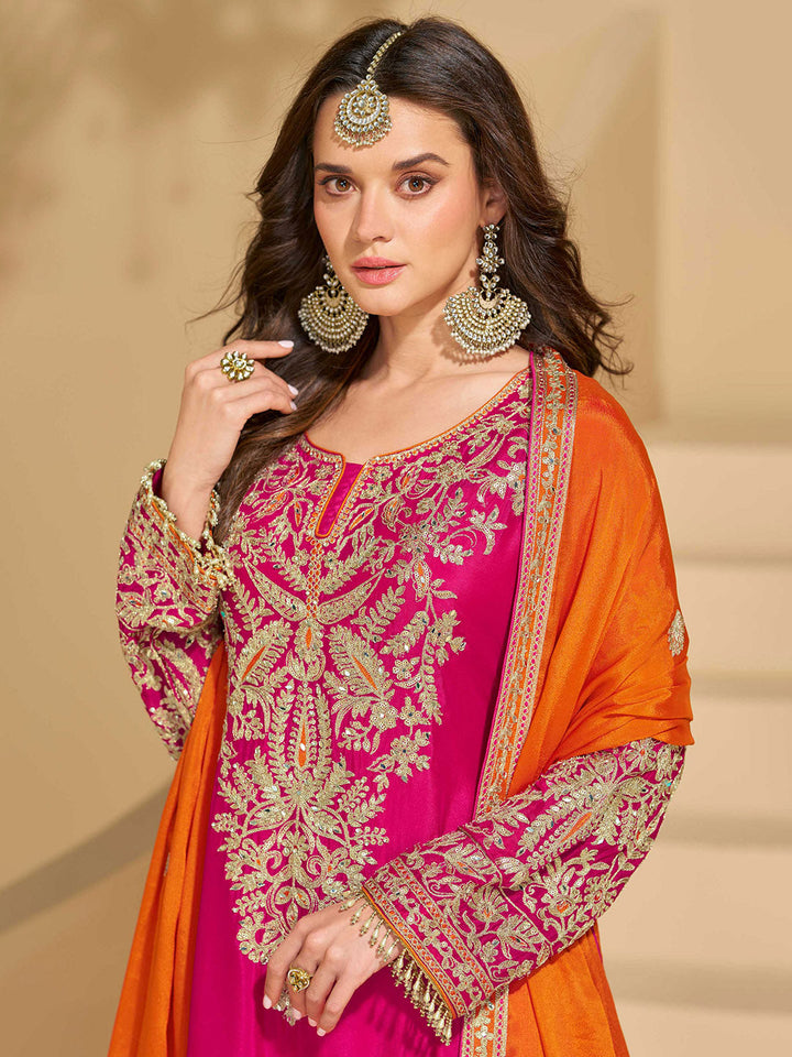 Embroidered Chinon Suit With Pant &amp; Dupatta