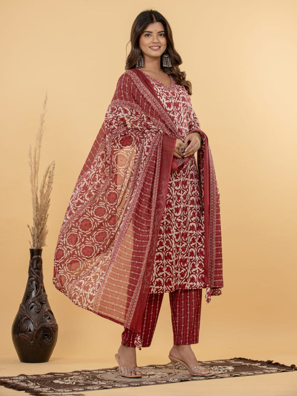 Red Embroidered Cotton Blend Straight Suit Set With Dupatta