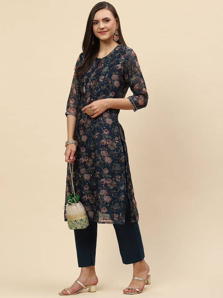 Floral Printed Chanderi Kurta With Pants