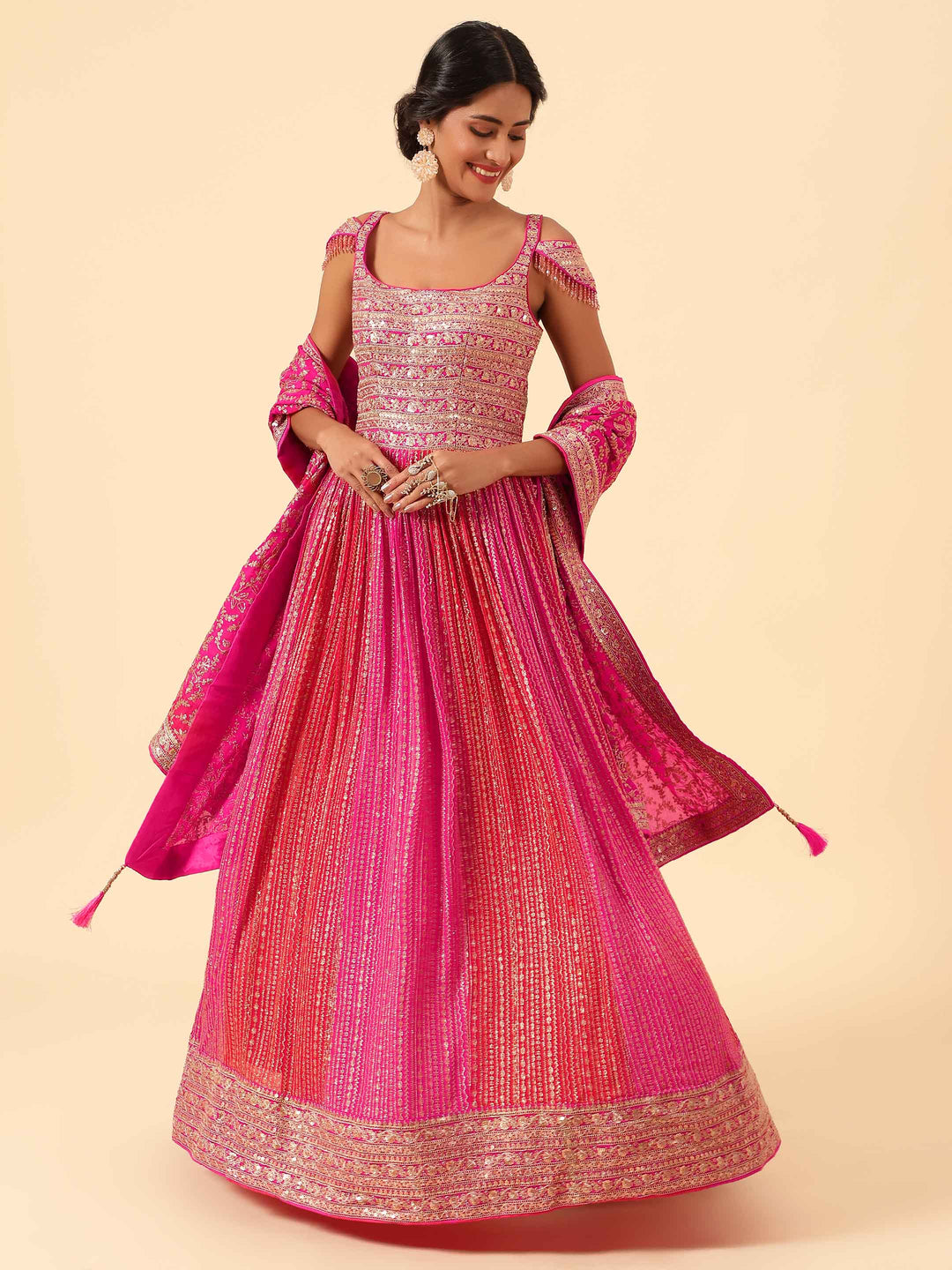 Sequin Embroidered Georgette Kurta With Churidar &amp; Dupatta
