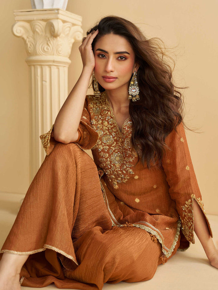 Embroidered Chinon Suit With Pant &amp; Dupatta