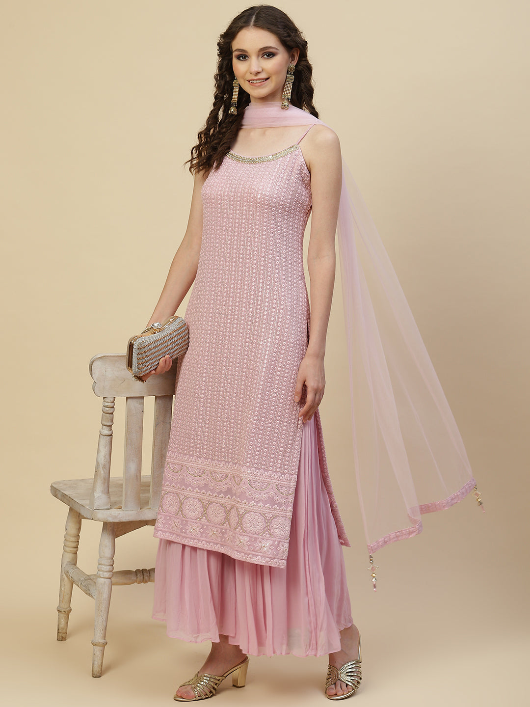 Resham Jaal Embroidered Georgette Kurta With Garara &amp; Dupatta