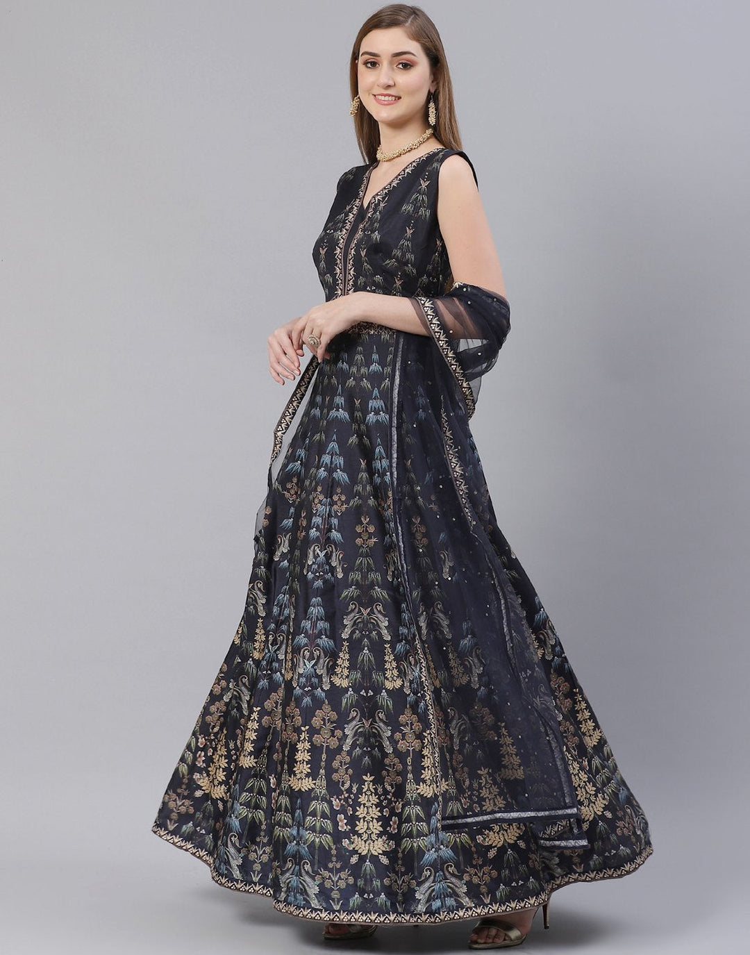 Navy Blue Art Tussar Salwar Kameez Stitched Suit