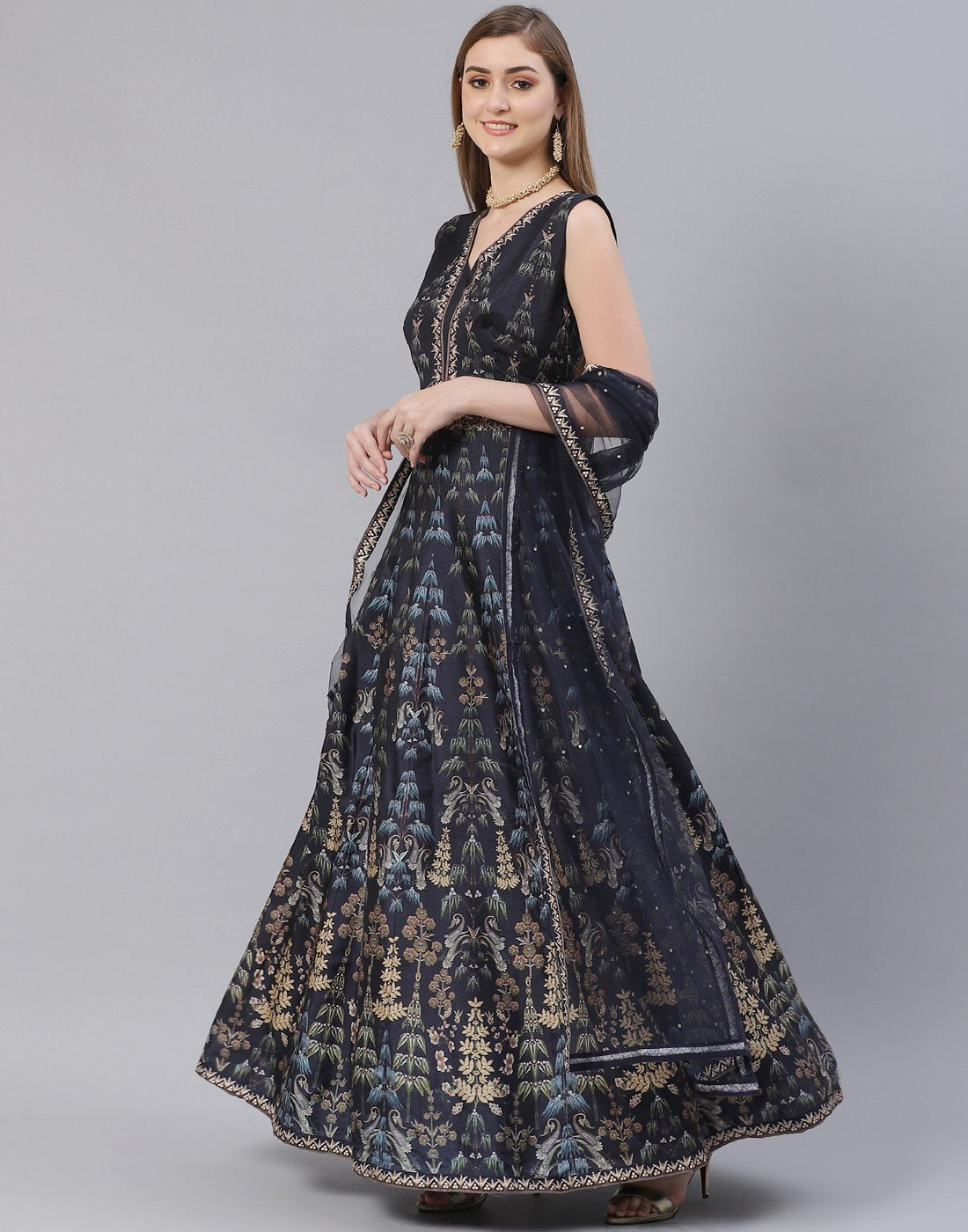 Navy Blue Art Tussar Salwar Kameez Stitched Suit