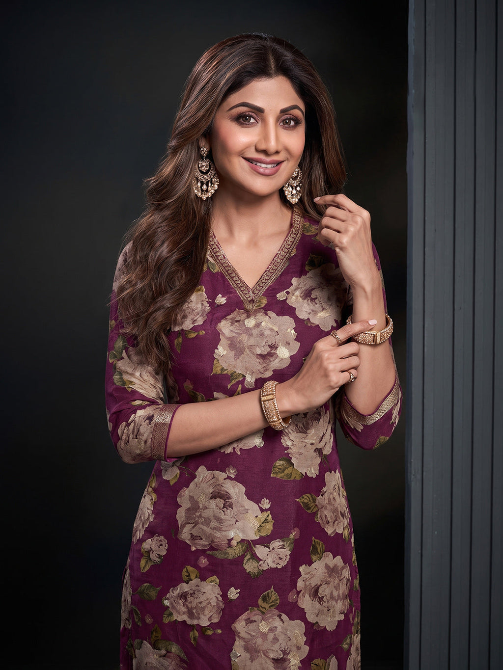 Wine Printed Art Silk Kurta With Pant & Dupatta