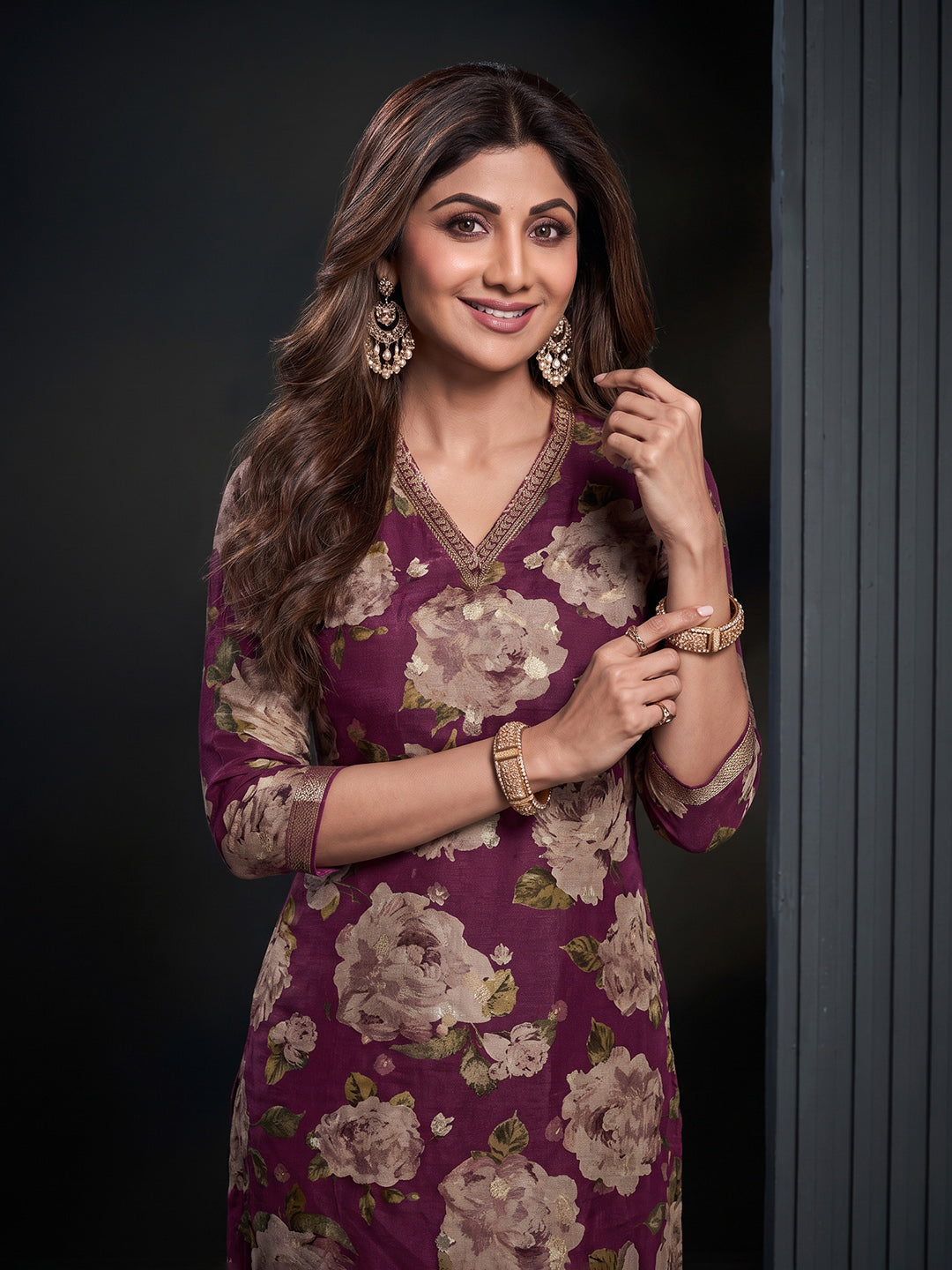 Wine Printed Art Silk Kurta With Pant & Dupatta
