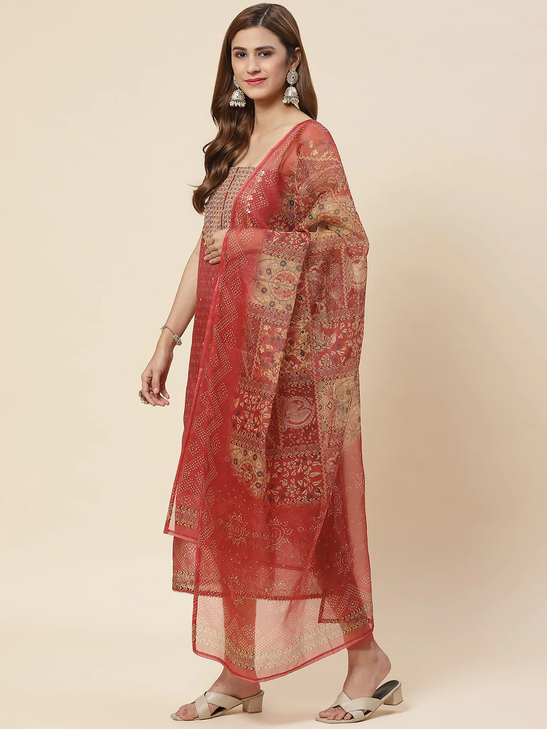Neck Embroidered &amp; Printed Chanderi Unstitched Suit Piece With Dupatta