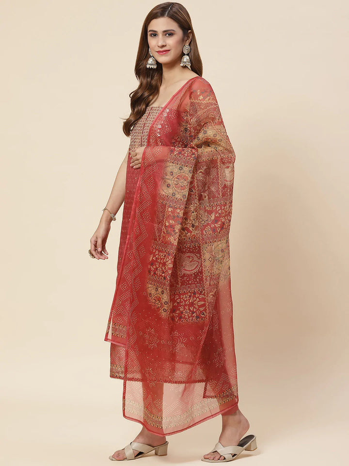 Neck Embroidered &amp; Printed Chanderi Unstitched Suit Piece With Dupatta