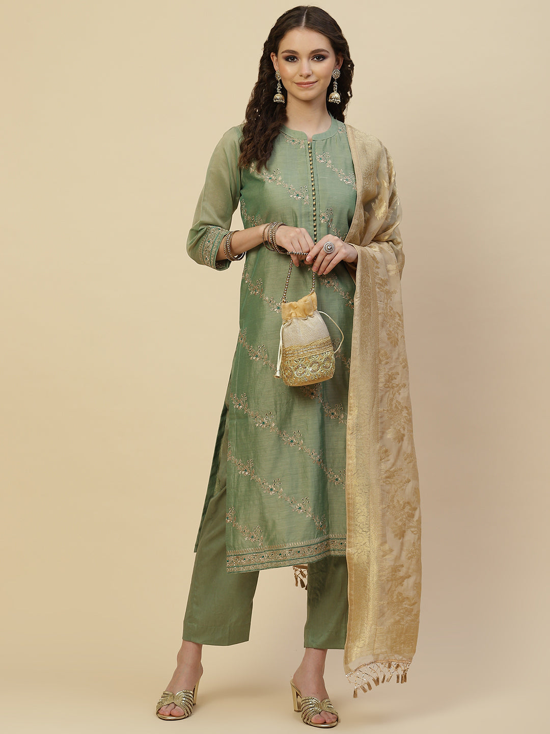 Zari Booti Cotton Kurta With Pants &amp; Dupatta