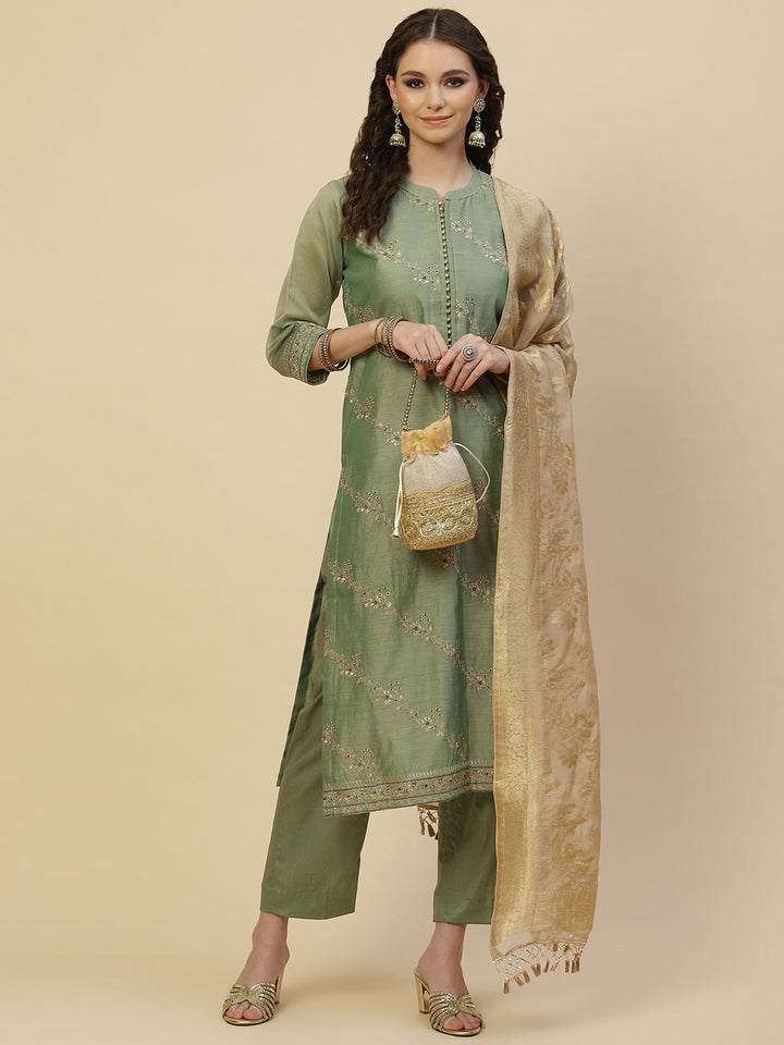 Zari Booti Cotton Kurta With Pants &amp; Dupatta