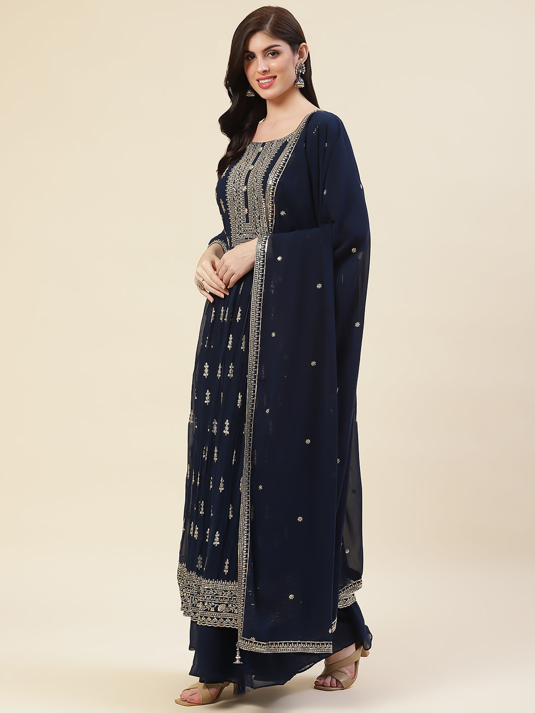 Resham Sequin Booti Georgette Kurta With Palazzo &amp; Dupatta