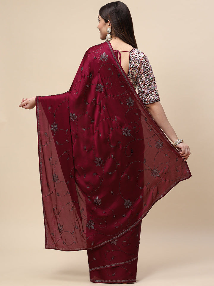 Stone Jaal Embroidered Satin Saree