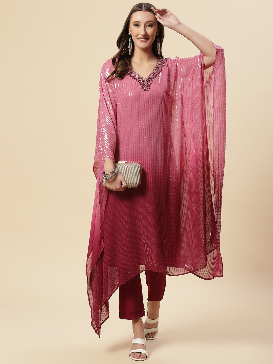 Sequin Embroidered Georgette Kaftan Kurta With Pants