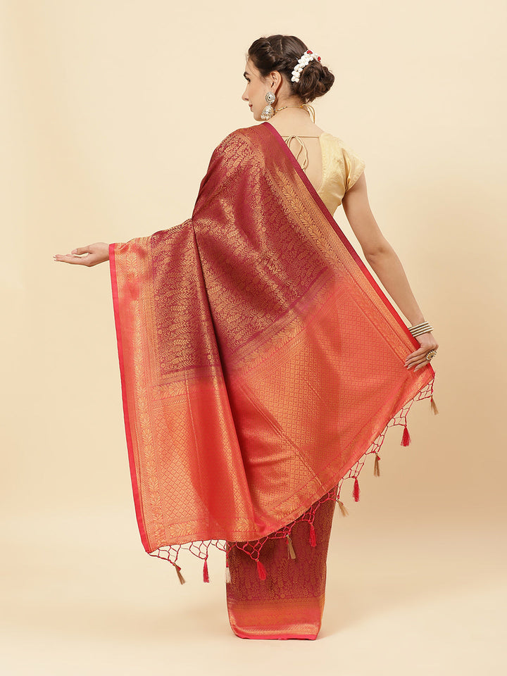 Brocade Zari Jaal Art Handloom Saree  with Contrast Blouse