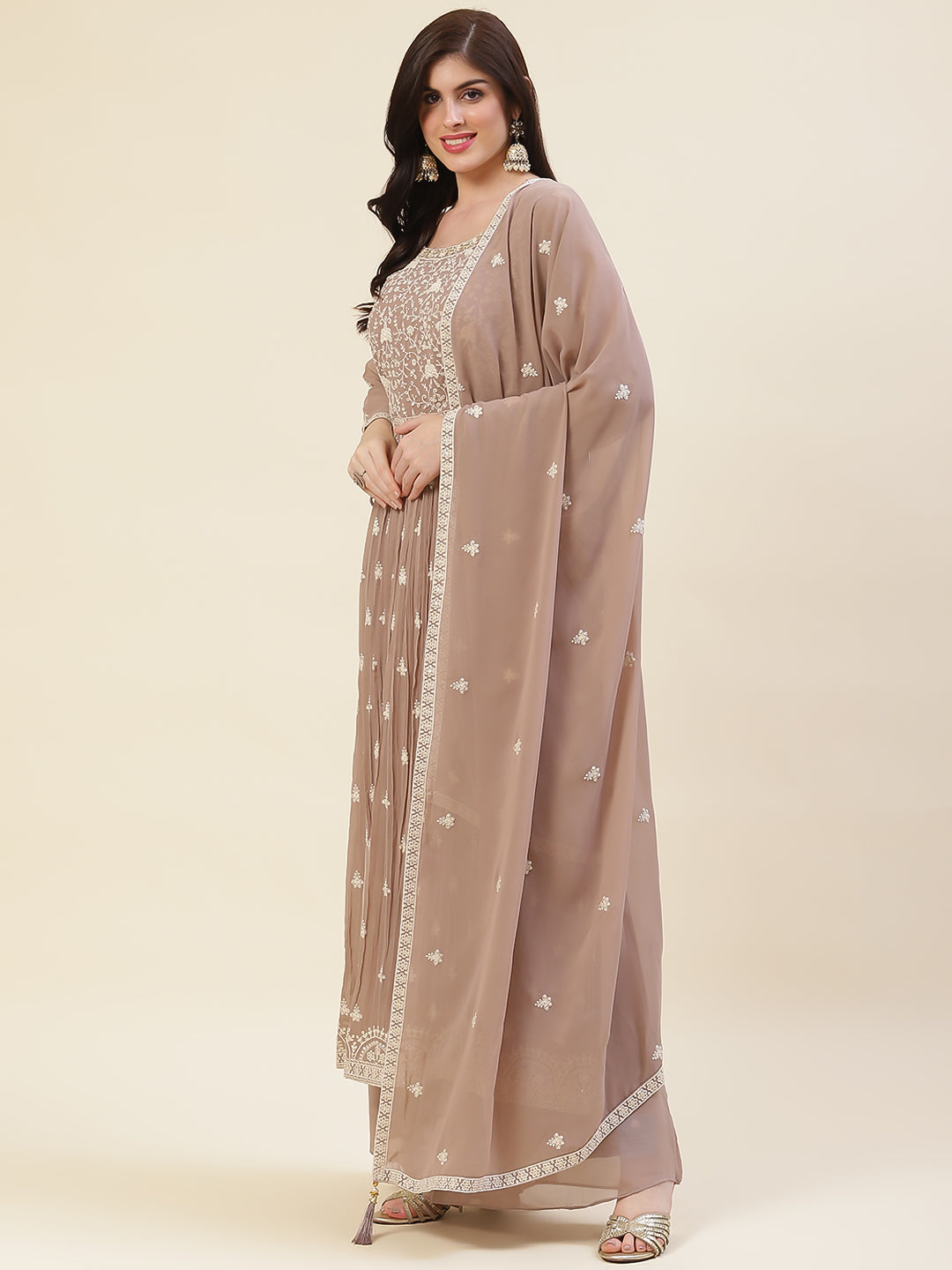 Resham Embroidered Booti Georgette Kurta With Palazzo &amp; Dupatta