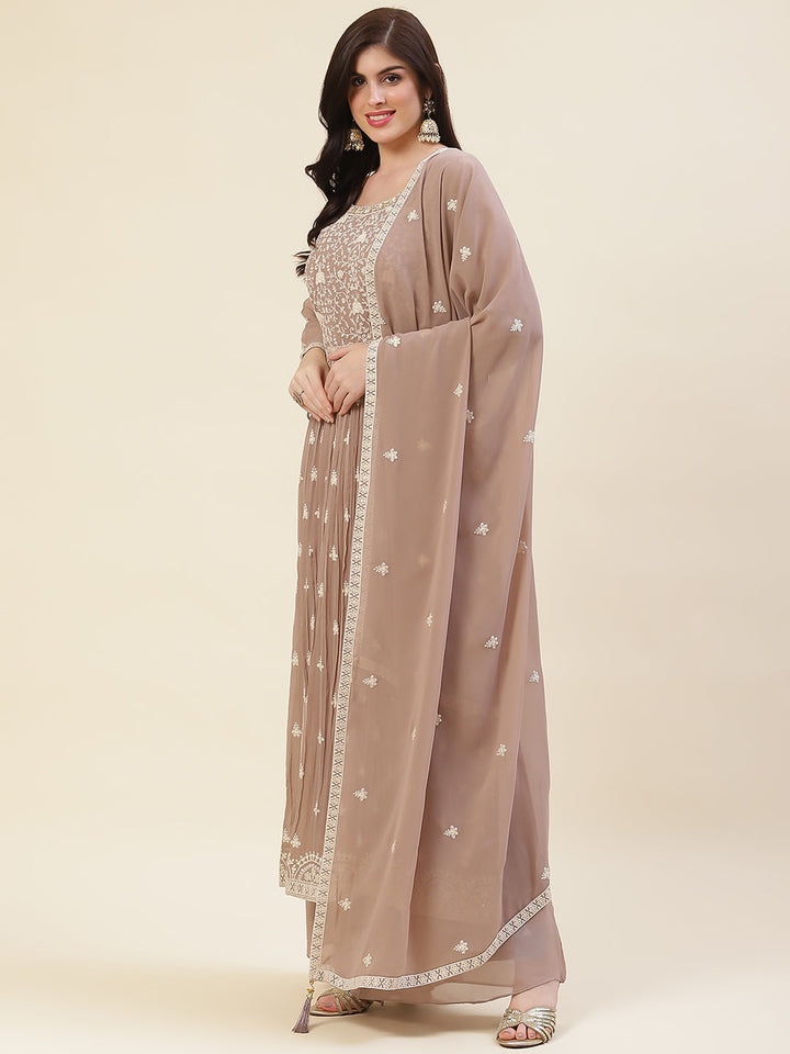 Resham Embroidered Booti Georgette Kurta With Palazzo &amp; Dupatta