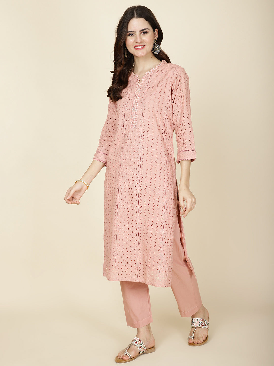Thread Embroidery Cotton Kurta With Pants