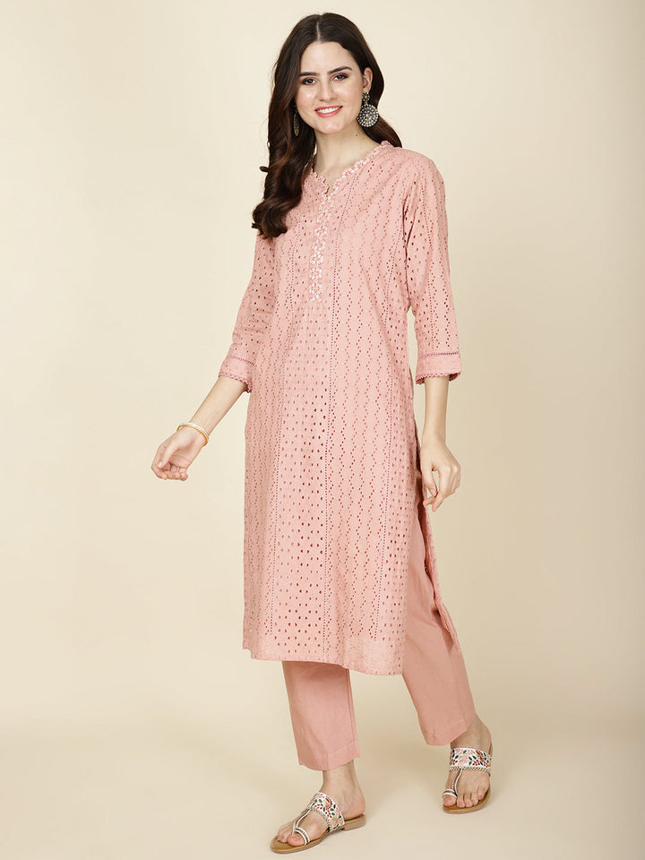 Thread Embroidery Cotton Kurta With Pants