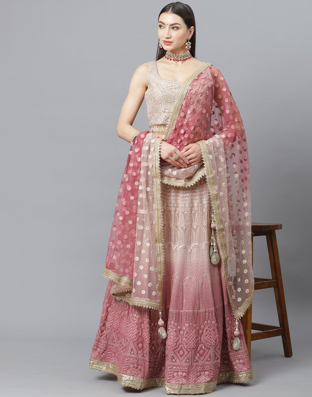 Georgette Lehenga Choli In Ombre Shaded With Traditional Embroidery