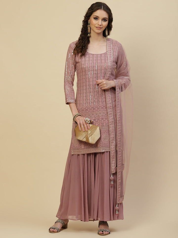 Resham Sequin Embroidered Georgette Kurta With Palazzo &amp; Dupatta