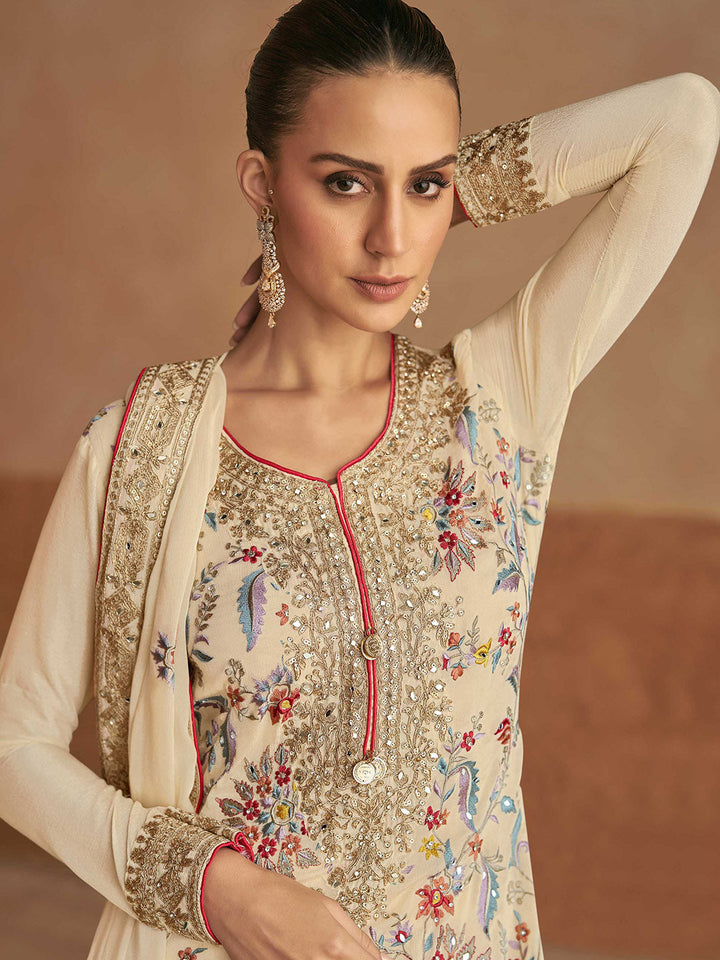 Embroidered Chinon Kurta With Plazzo &amp; Dupatta