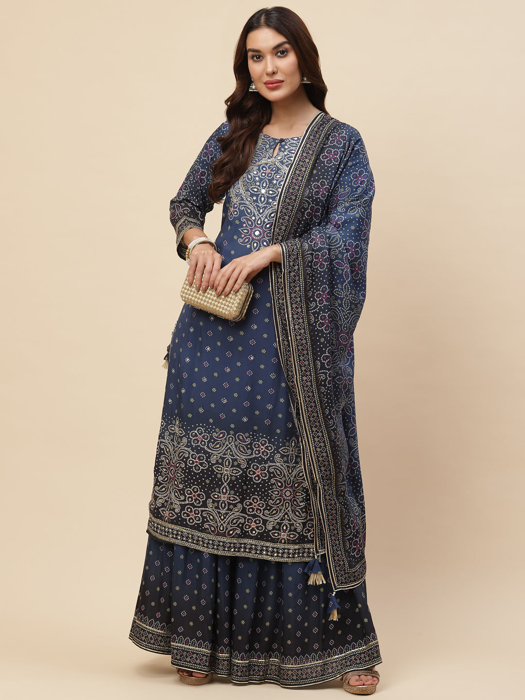 Bandhani Printed Muslin Kurta With Sharara & Dupatta
