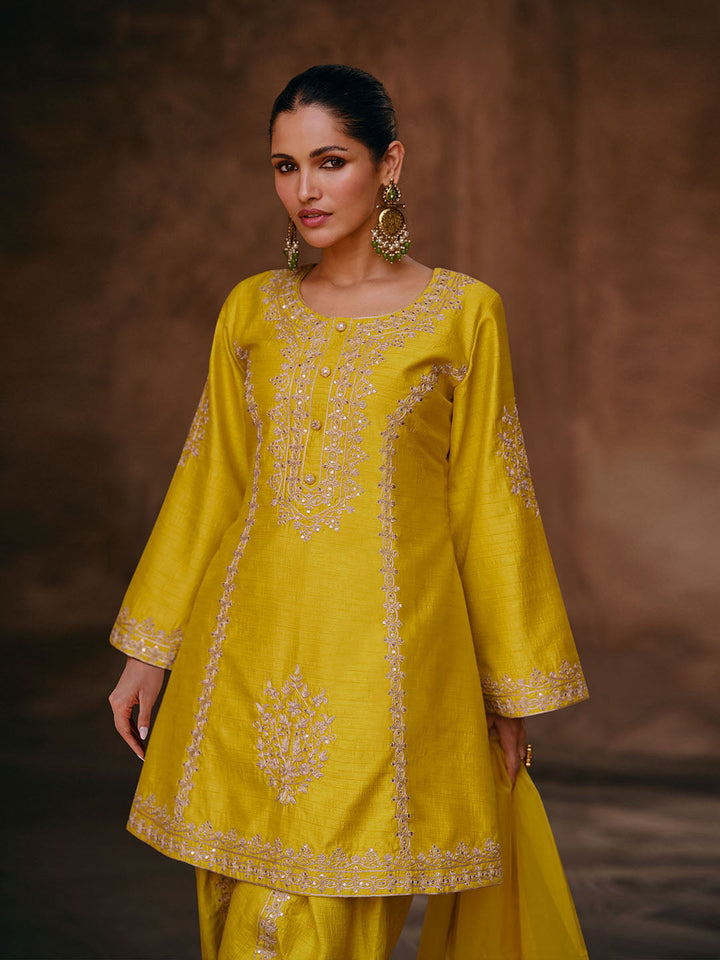 Resham Sequin Work Chinnon Kurti With Dhoti &amp; Dupatta