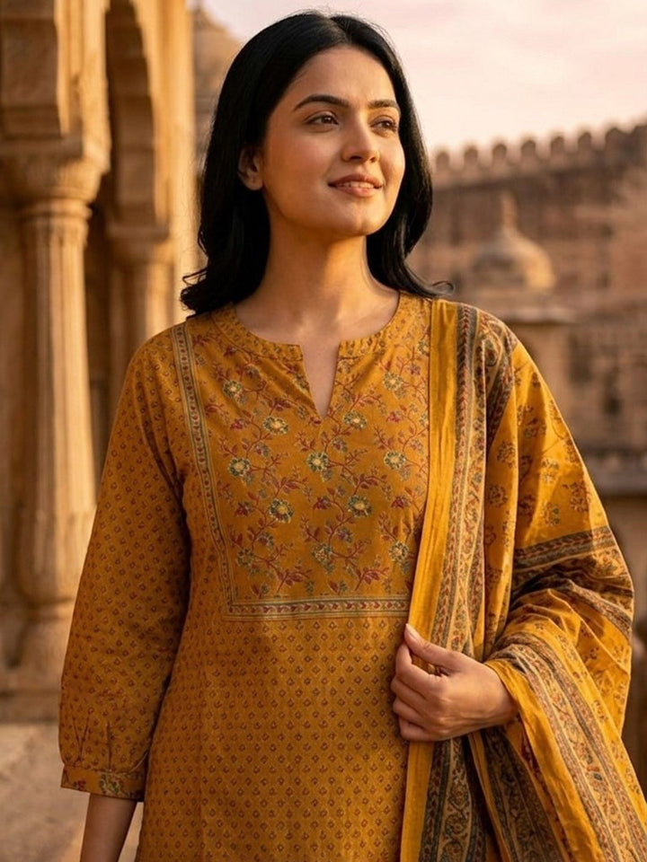Yellow Embroidered Cotton Blend Straight Suit Set With Dupatta