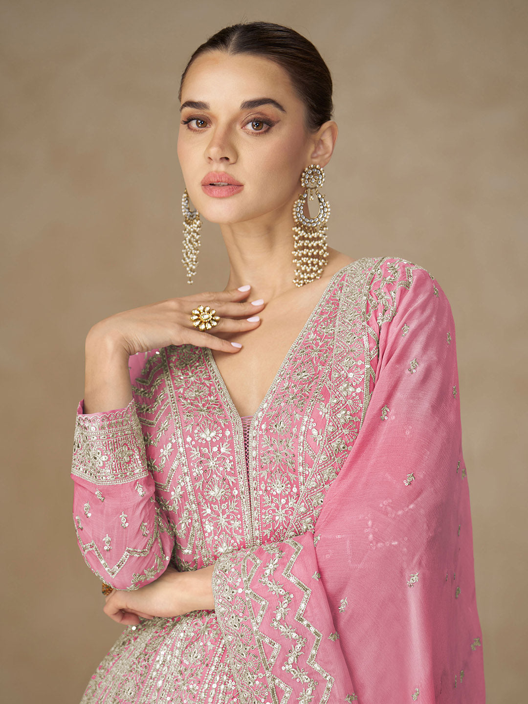 Embroidered Chinon Suit With Pant &amp; Dupatta