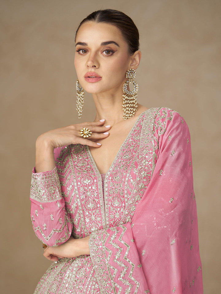 Embroidered Chinon Suit With Pant &amp; Dupatta