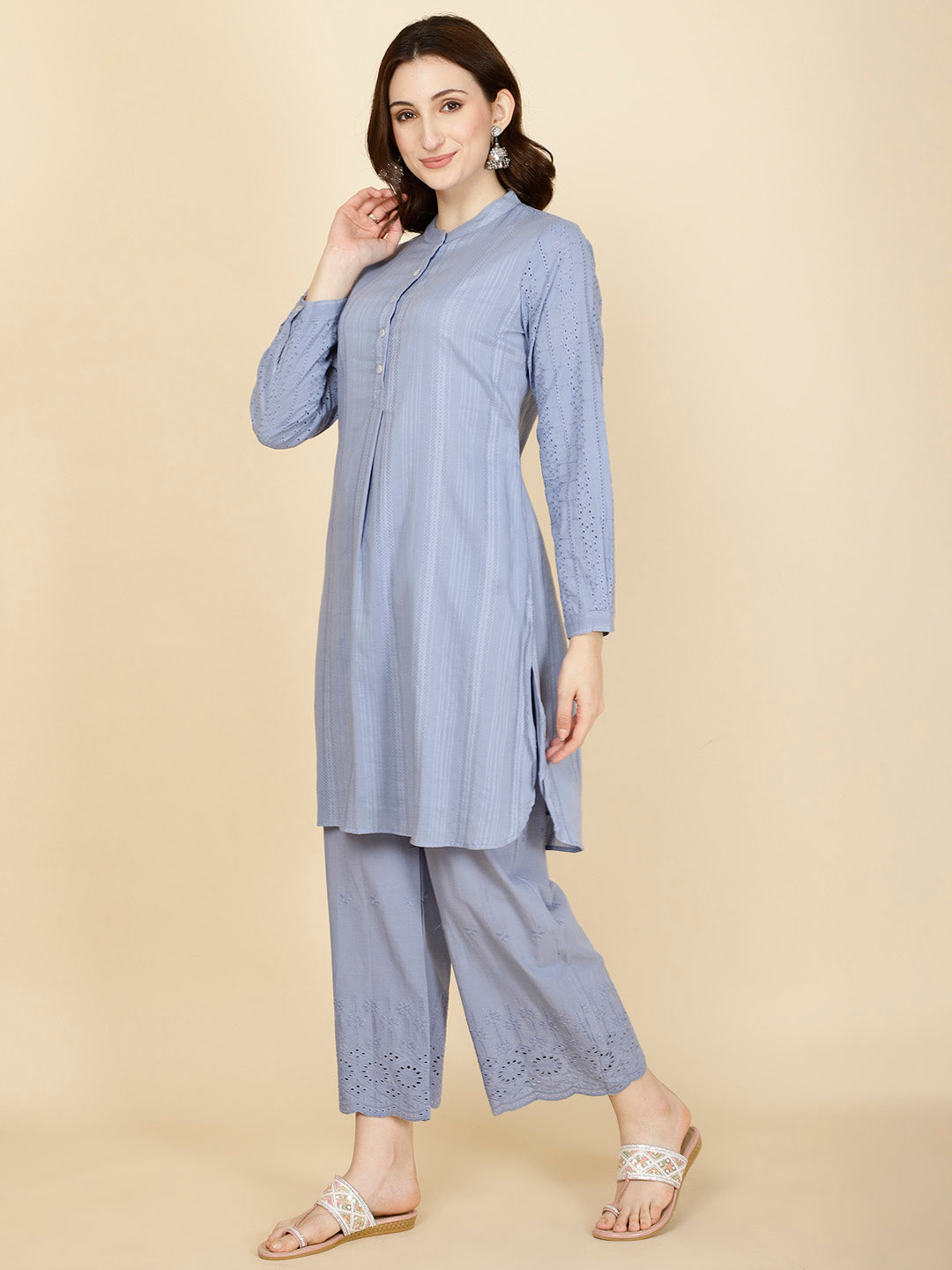 Plain Woven Cotton Kurta With Pants