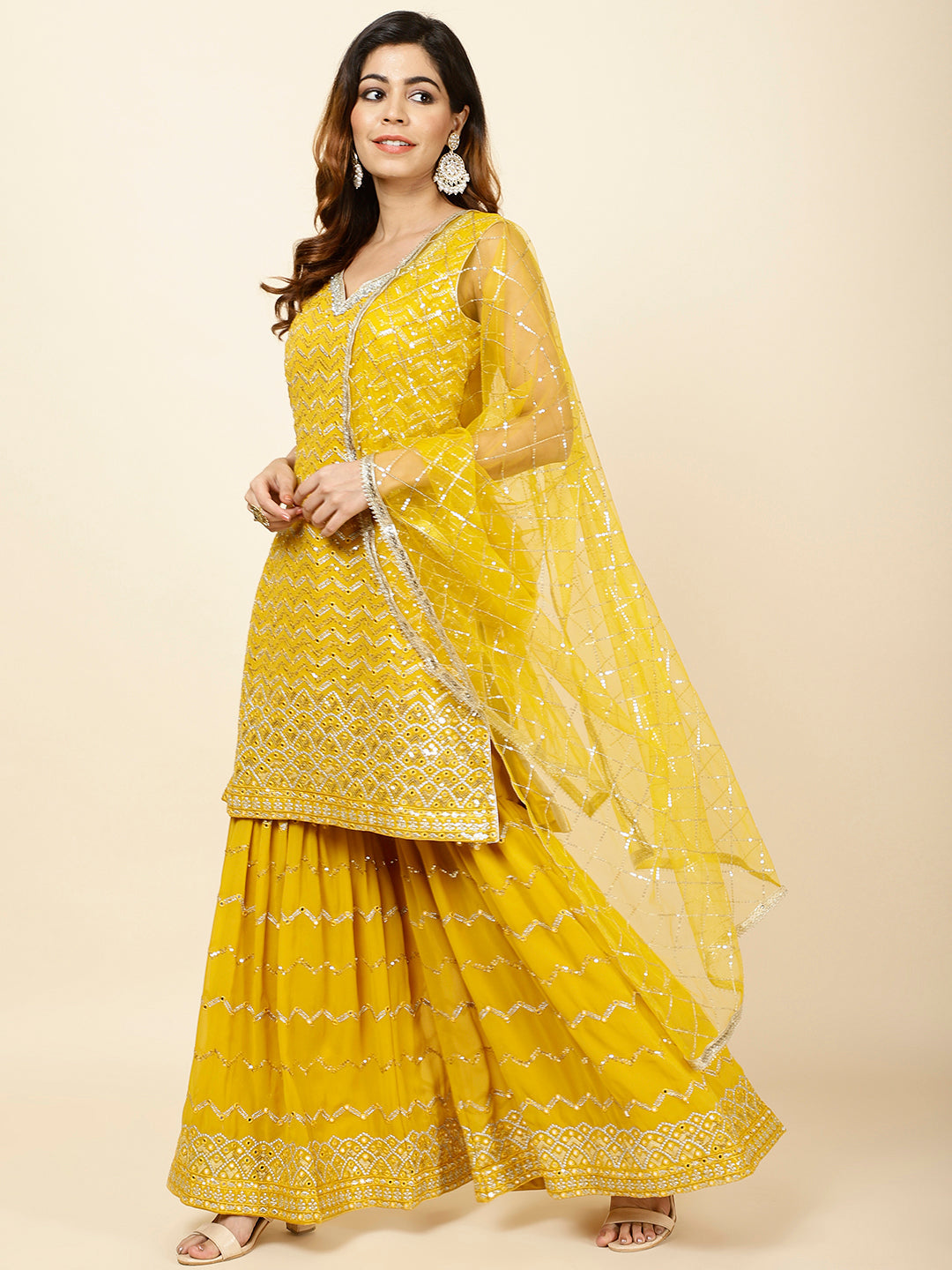 Embroidered Georgette Kurta With Garara &amp; Dupatta