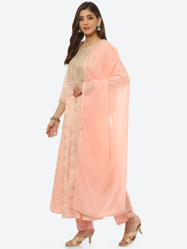 Gota Work Cotton Kurta With Pant &amp; Dupatta