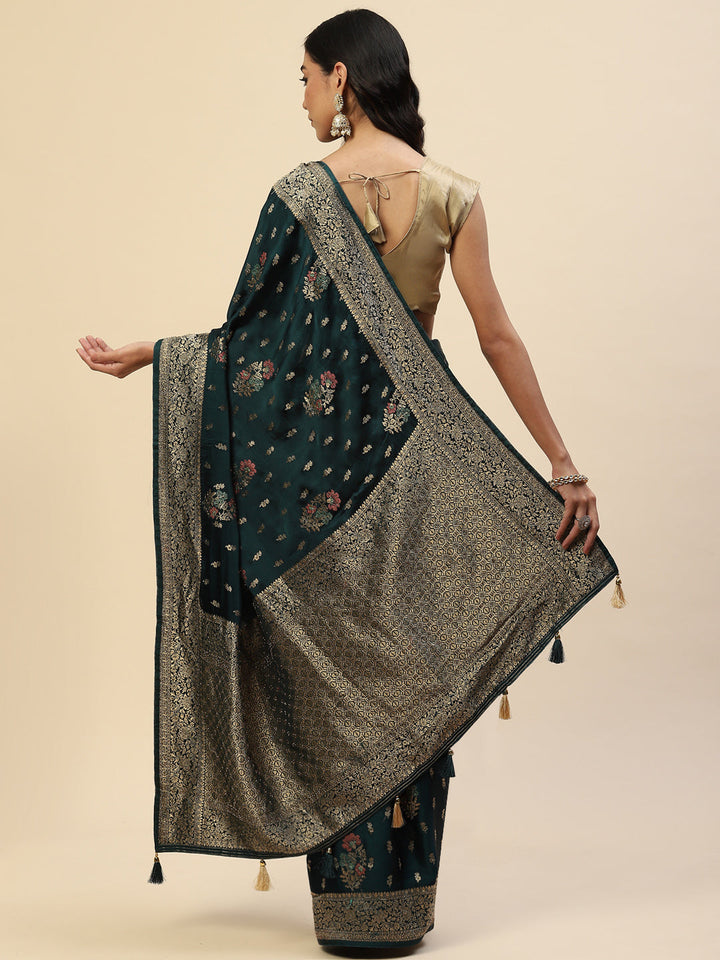 Zari Border Booti Satin Woven Saree