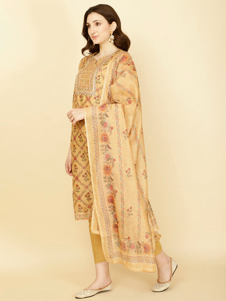 Floral Printed Chanderi Kurta With Pants &amp; Dupatta