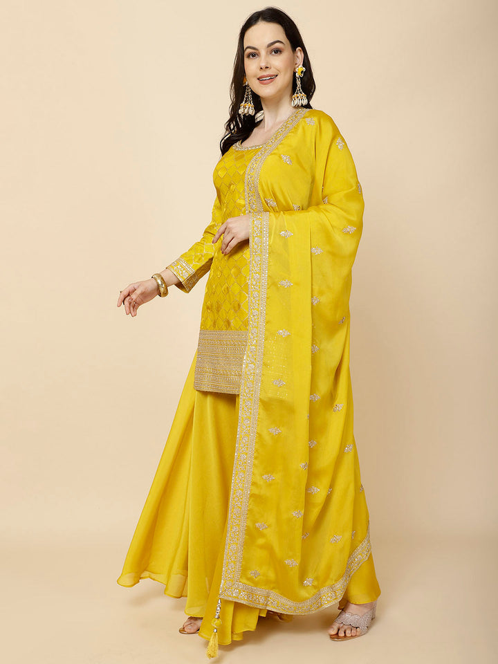 Zari Jaal Embroidery Handloom Suit Set With Dupatta &amp; Palazzo